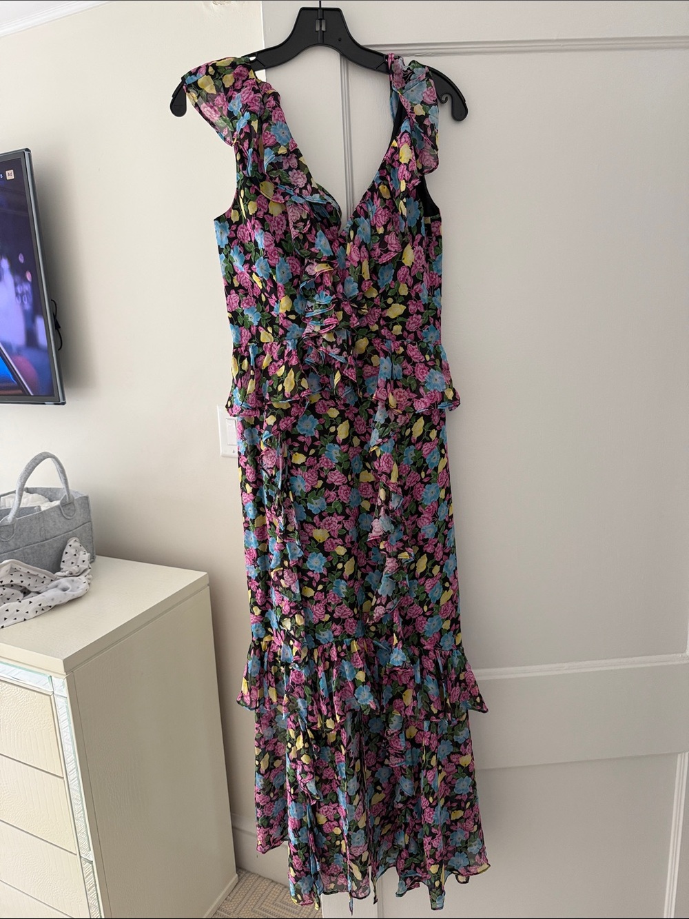 AMUR Black Floral Ruffle Maxi Dress with Pink & Blue Blooms